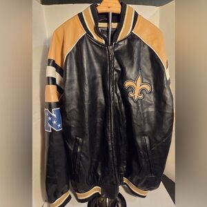 New Orleans Saints Jacket Mens XL Black Gold NFL Football Faux Leather Bomber